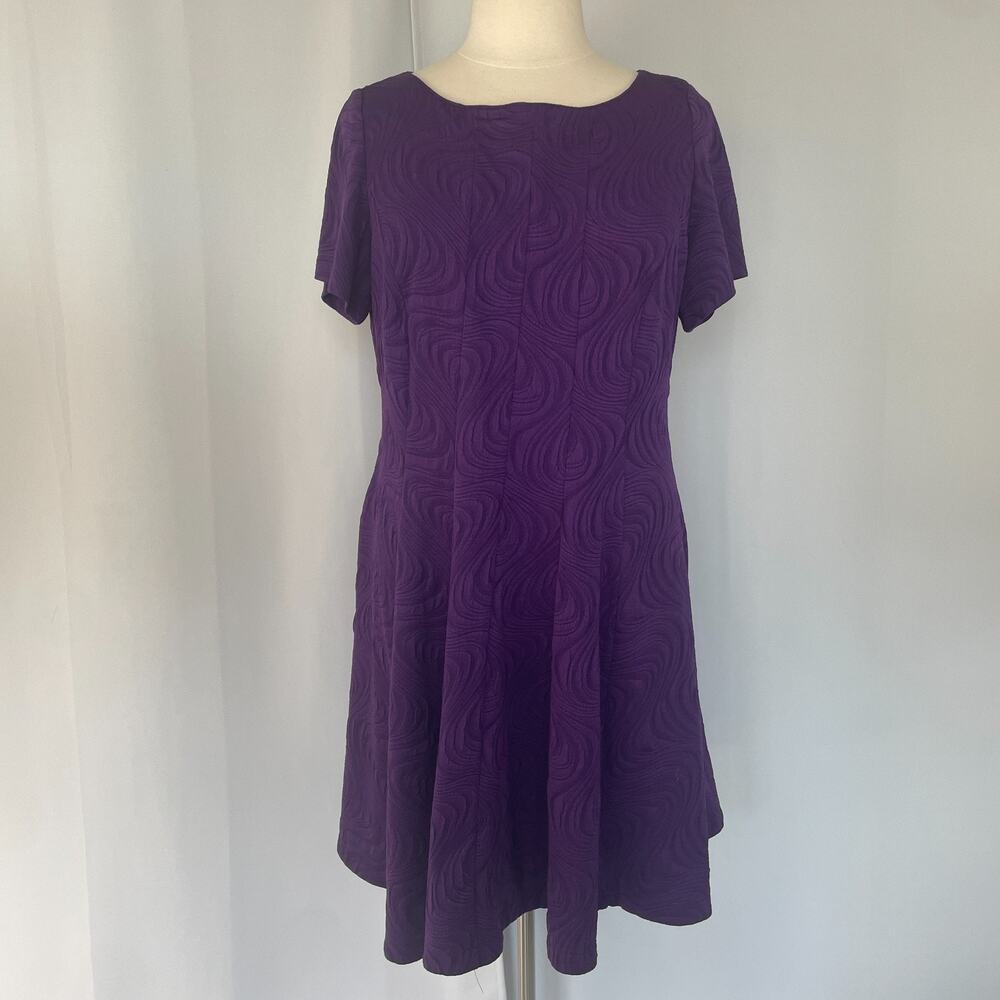 A Line Dress Plus Size 2X Purple Textured Short Sleeve Office Stretch Minimal